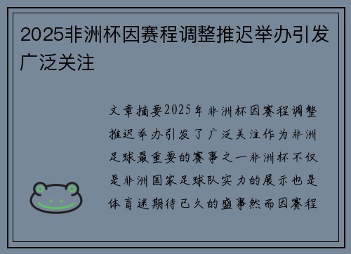 2025非洲杯因赛程调整推迟举办引发广泛关注